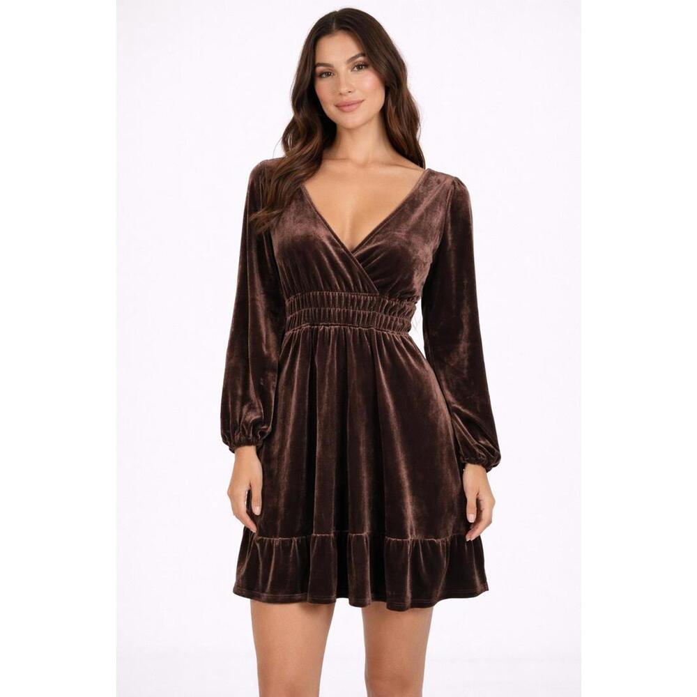 NWT Halara Brown Velvet Long Sleeve V-Neck Mini Dress Size XS